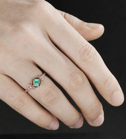 Princess Cut Lab Emerald Engagement Ring Art Deco Moissanite Anniversary Ring Prong Set Diamond Wedding Ring Solid Gold Vintage Ring Unique Bridal promise Ring For Women