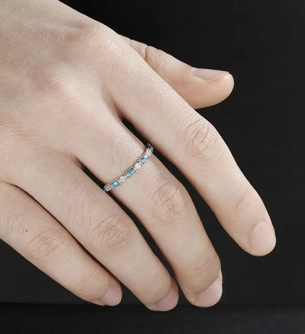 Baguette Cut Turquoise Wedding Band Full Eternity Moissanite White Gold Wedding Ring Unique Diamond Stacking Ring Promise Anniversary Bridal Ring Gift for Her