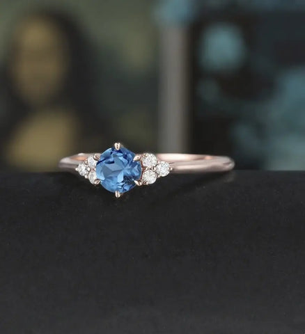 5mm Round Cut London Blue Topaz Engagement Ring Unique Rose Gold Wedding Ring Vintage Prong Set Diamond Ring Promise Anniversary Bridal Ring for Her