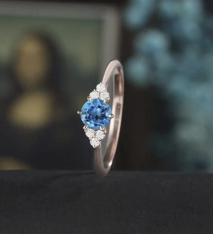 5mm Round Cut London Blue Topaz Engagement Ring Unique Rose Gold Wedding Ring Vintage Prong Set Diamond Ring Promise Anniversary Bridal Ring for Her