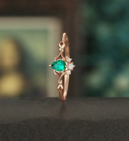 Lab Emerald Engagement Ring Vintage Solid Gild Ring Anniversary Ring Vintage Wedding Ring Bridal Promise Women Ring