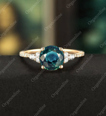 7mm Round Cut Teal Sapphire Ring Vintage Rose Gold Engagement Ring Marquise Cut Moissanite Ring Promise Diamond Wedding Ring Unique Half Eternity Anniversary Ring - ULRICARING