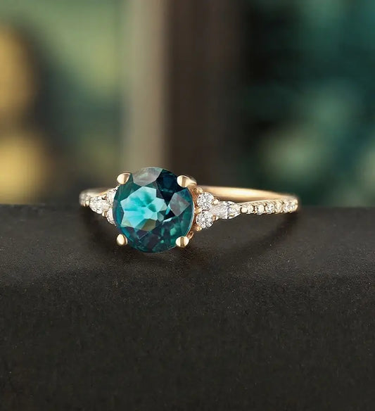 7mm Round Cut Teal Sapphire Ring Vintage Rose Gold Engagement Ring Marquise Cut Moissanite Ring Promise Diamond Wedding Ring Unique Half Eternity Anniversary Ring