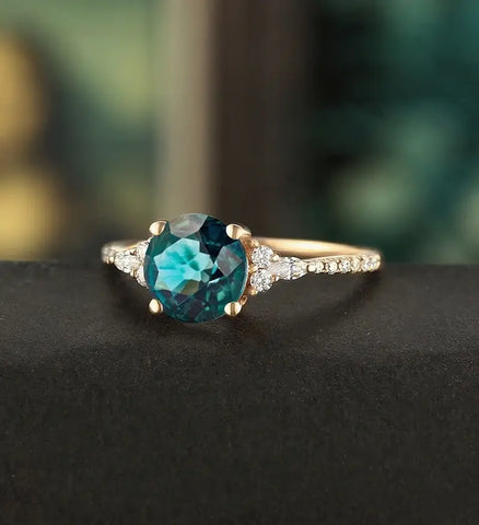 7mm Round Cut Teal Sapphire Ring Vintage Rose Gold Engagement Ring Marquise Cut Moissanite Ring Promise Diamond Wedding Ring Unique Half Eternity Anniversary Ring