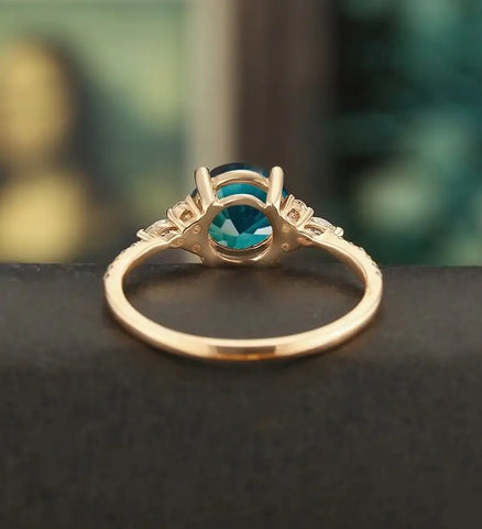 7mm Round Cut Teal Sapphire Ring Vintage Rose Gold Engagement Ring Marquise Cut Moissanite Ring Promise Diamond Wedding Ring Unique Half Eternity Anniversary Ring