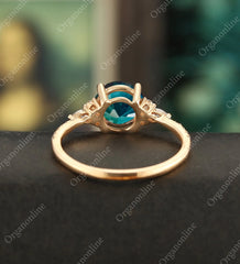 7mm Round Cut Teal Sapphire Ring Vintage Rose Gold Engagement Ring Marquise Cut Moissanite Ring Promise Diamond Wedding Ring Unique Half Eternity Anniversary Ring - ULRICARING