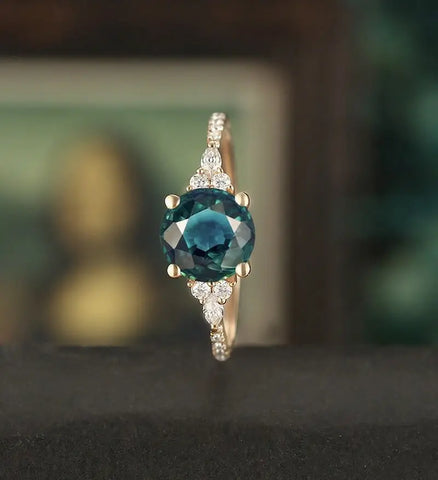 7mm Round Cut Teal Sapphire Ring Vintage Rose Gold Engagement Ring Marquise Cut Moissanite Ring Promise Diamond Wedding Ring Unique Half Eternity Anniversary Ring
