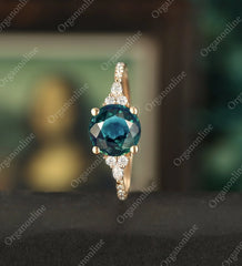 7mm Round Cut Teal Sapphire Ring Vintage Rose Gold Engagement Ring Marquise Cut Moissanite Ring Promise Diamond Wedding Ring Unique Half Eternity Anniversary Ring - ULRICARING