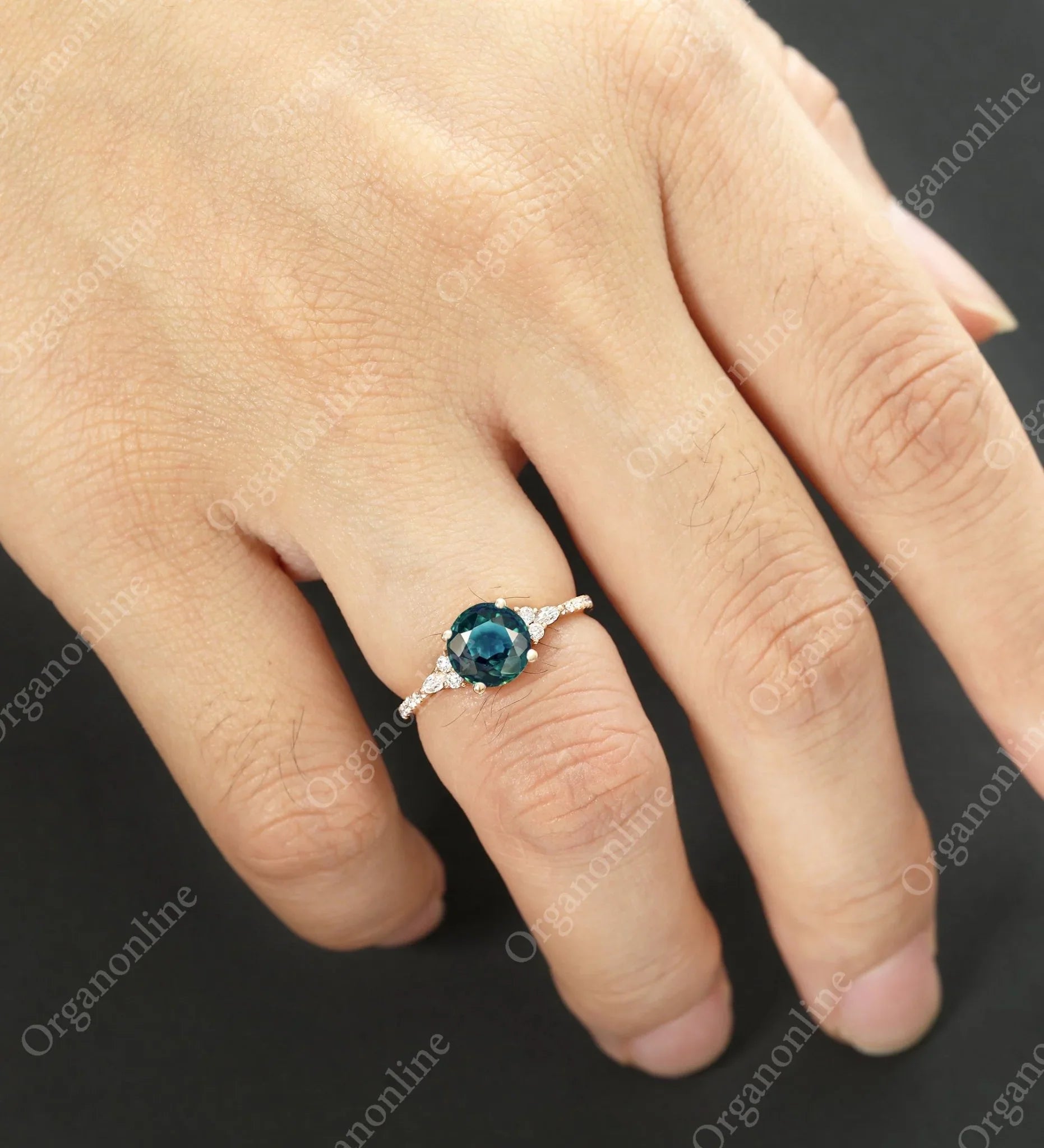 7mm Round Cut Teal Sapphire Ring Vintage Rose Gold Engagement Ring Marquise Cut Moissanite Ring Promise Diamond Wedding Ring Unique Half Eternity Anniversary Ring - ULRICARING