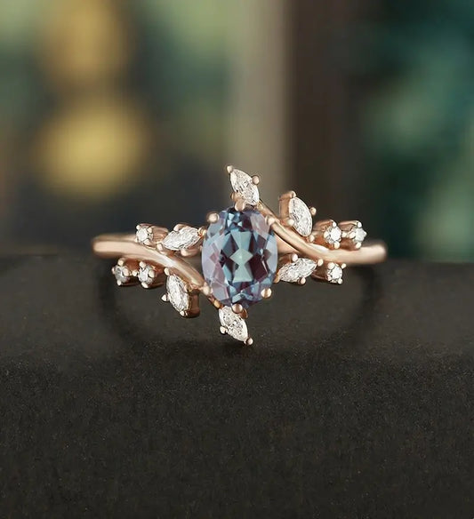 6×8MM Oval Alexandrite Ring Solid Gild  Engagement Ring Nature Inspired Anniversary Bridal Ring Vintage Wedding Ring For Her