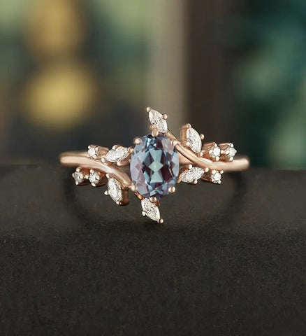 6×8MM Oval Alexandrite Ring Solid Gild  Engagement Ring Nature Inspired Anniversary Bridal Ring Vintage Wedding Ring For Her