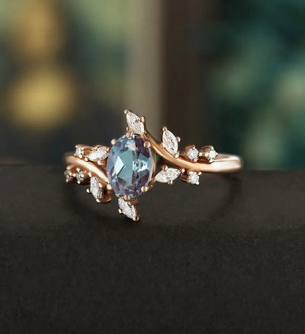 6×8MM Oval Alexandrite Ring Solid Gild  Engagement Ring Nature Inspired Anniversary Bridal Ring Vintage Wedding Ring For Her
