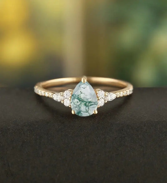 Pear Moss Agate Ring Vintage Rose Gold Engagement Ring Marquise Cut Moissanite Diamond Ring Wedding Ring Half Eternity Anniversary Ring