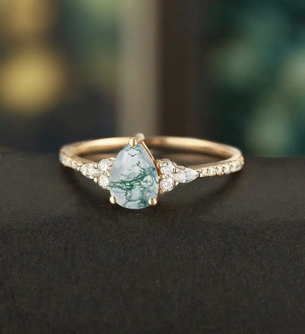 Pear Moss Agate Ring Vintage Rose Gold Engagement Ring Marquise Cut Moissanite Diamond Ring Wedding Ring Half Eternity Anniversary Ring