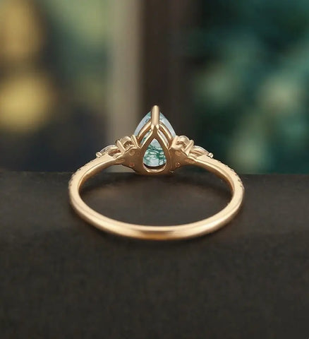 Pear Moss Agate Ring Vintage Rose Gold Engagement Ring Marquise Cut Moissanite Diamond Ring Wedding Ring Half Eternity Anniversary Ring