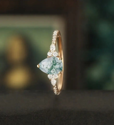 Pear Moss Agate Ring Vintage Rose Gold Engagement Ring Marquise Cut Moissanite Diamond Ring Wedding Ring Half Eternity Anniversary Ring