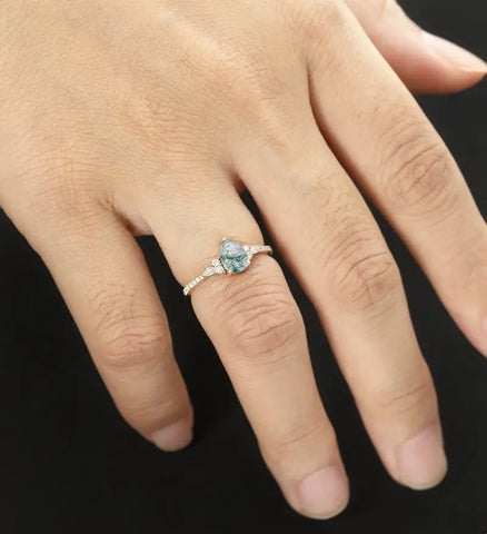Pear Moss Agate Ring Vintage Rose Gold Engagement Ring Marquise Cut Moissanite Diamond Ring Wedding Ring Half Eternity Anniversary Ring