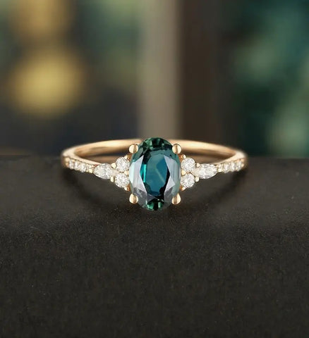 Oval Cut Teal Sapphire Engagement Ring Rose Gold Vintage Marquise Cut Moissanite Ring Unique Diamond Wedding Ring Half Eternity Promise Anniversary Bridal Ring