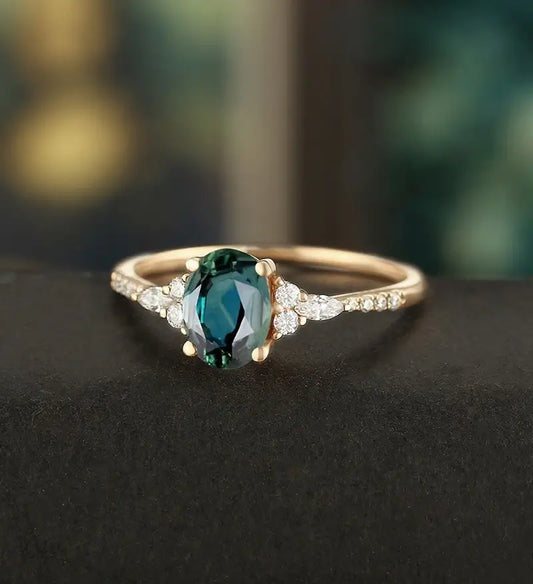 Oval Cut Teal Sapphire Engagement Ring Rose Gold Vintage Marquise Cut Moissanite Ring Unique Diamond Wedding Ring Half Eternity Promise Anniversary Bridal Ring