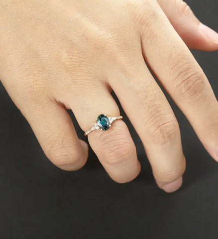Oval Cut Teal Sapphire Engagement Ring Rose Gold Vintage Marquise Cut Moissanite Ring Unique Diamond Wedding Ring Half Eternity Promise Anniversary Bridal Ring