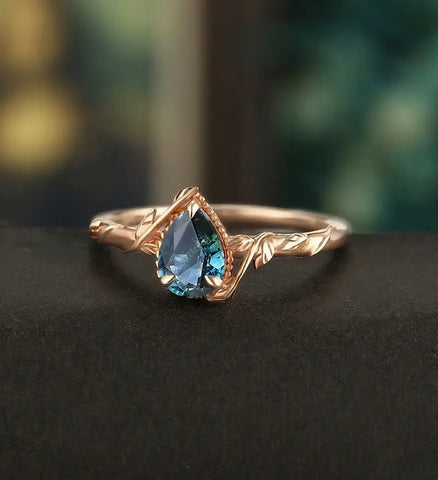 Pear Shaped Teal Sapphire Engagement Ring Solid Gold  Moissanite Promise Ring Anniversary triangle Diamond Wedding Ring Vintage Ring Unique Bridal promise Ring For Her