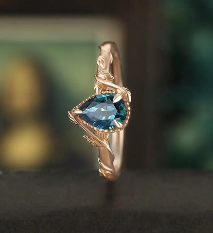 Pear Shaped Teal Sapphire Engagement Ring Solid Gold  Moissanite Promise Ring Anniversary triangle Diamond Wedding Ring Vintage Ring Unique Bridal promise Ring For Her