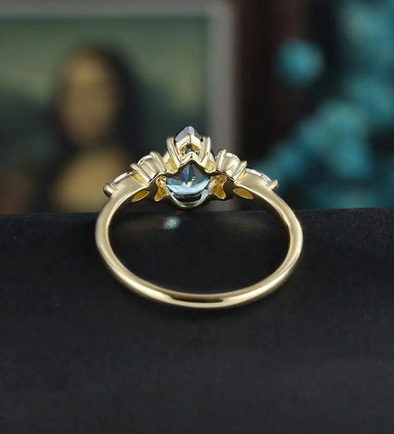 Pear Shaped Teal Sapphire Engagement Ring Yellow Gold Marquise Cut Moissanite Ring Vintage Prong Set Diamond Wedding Ring Promise Anniversary Bridal Ring