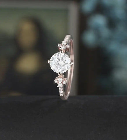 6mm Round Cut Moissanite Engagement Ring Unique Diamond Cluster Wedding Ring Women Vintage Rose Gold Bridal Ring Promise Anniversary Wedding Ring