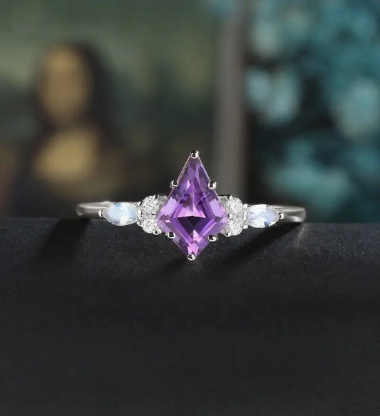 Kite Amethyst Engagement Ring Solid White Gold Marquise Monstone Ring Anniversary Diamond Wedding Ring Vintage Promise Ring Unique Bridal Ring For Women