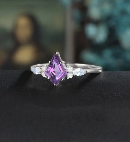 Kite Amethyst Engagement Ring Solid White Gold Marquise Monstone Ring Anniversary Diamond Wedding Ring Vintage Promise Ring Unique Bridal Ring For Women