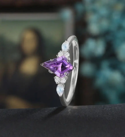 Kite Amethyst Engagement Ring Solid White Gold Marquise Monstone Ring Anniversary Diamond Wedding Ring Vintage Promise Ring Unique Bridal Ring For Women