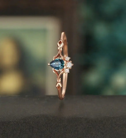 Teal Sapphire Engagement Ring Vintage Solid Gild Ring Pear Shaped Anniversary Ring Vintage Wedding Ring Bridal Promise Women Ring