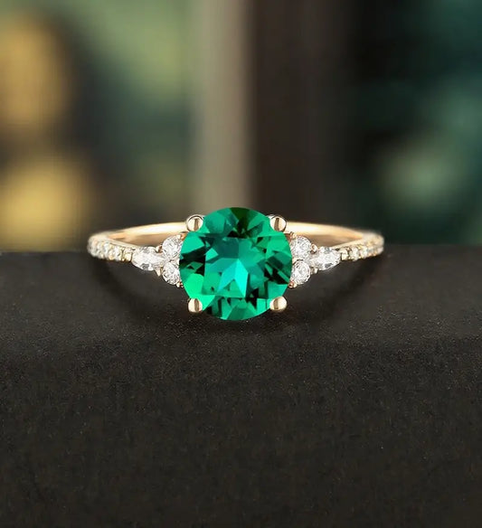 7mm Round Cut Lab Emerald Engagement Ring Marquise Cut Moissanite Wedding Ring Vintage White Gold Bridal Ring Promise Diamond Wedding Ring Half Eternity Anniversary Ring