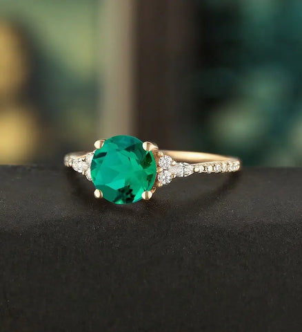 7mm Round Cut Lab Emerald Engagement Ring Marquise Cut Moissanite Wedding Ring Vintage White Gold Bridal Ring Promise Diamond Wedding Ring Half Eternity Anniversary Ring