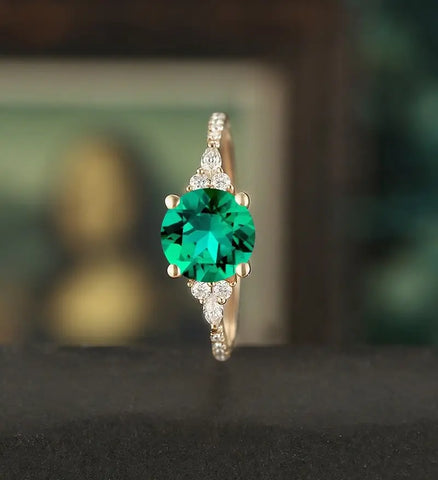 7mm Round Cut Lab Emerald Engagement Ring Marquise Cut Moissanite Wedding Ring Vintage White Gold Bridal Ring Promise Diamond Wedding Ring Half Eternity Anniversary Ring