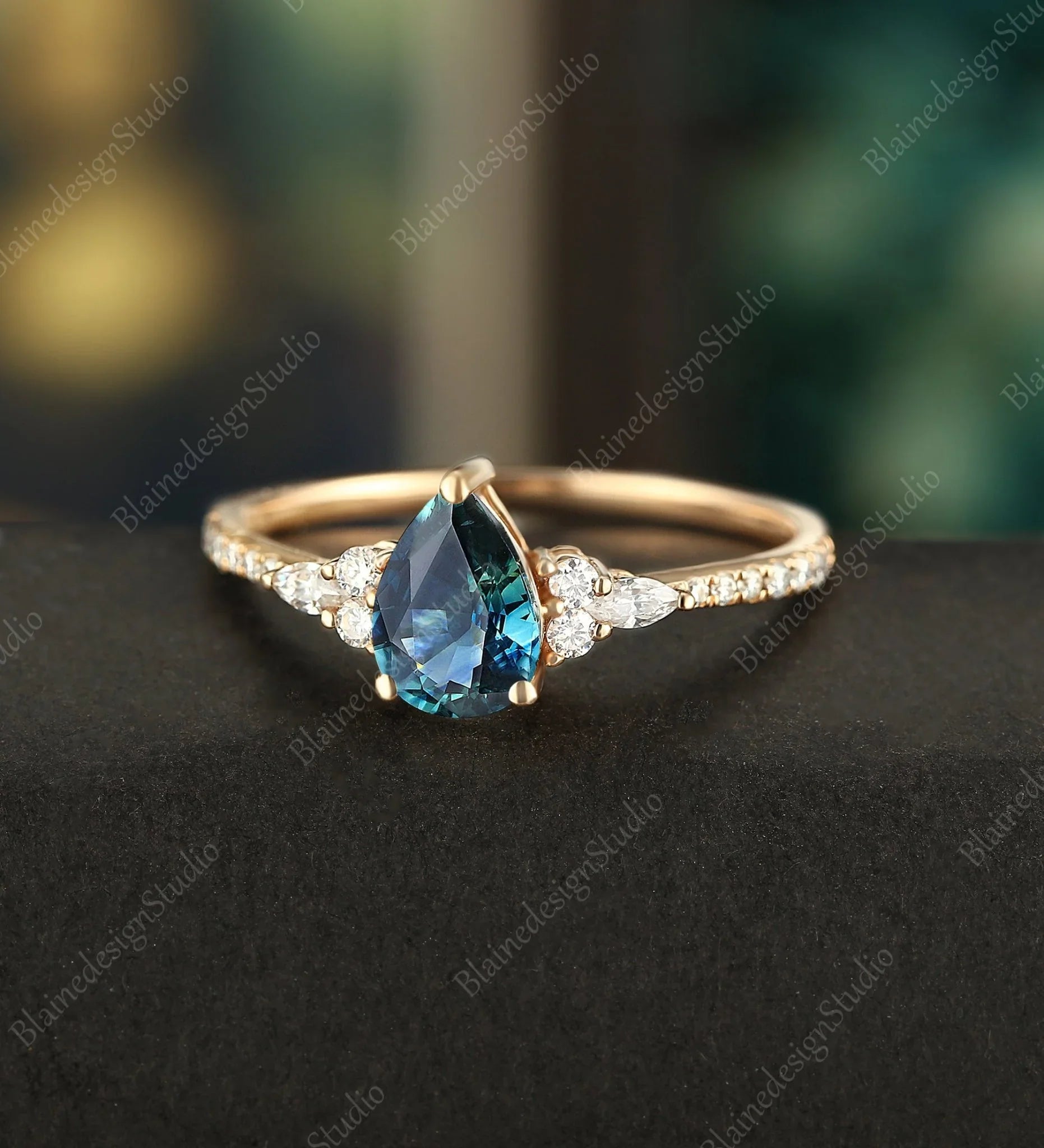 Teal Sapphire Engagement Ring Vintage Solid Gild Ring Pear Shaped Anniversary Ring Vintage Wedding Ring Bridal Promise Women Ring - ULRICARING