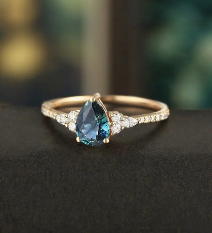 Teal Sapphire Engagement Ring Vintage Solid Gild Ring Pear Shaped Anniversary Ring Vintage Wedding Ring Bridal Promise Women Ring