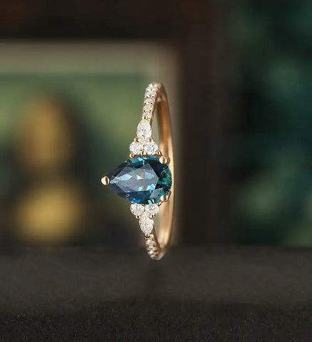 Teal Sapphire Engagement Ring Vintage Solid Gild Ring Pear Shaped Anniversary Ring Vintage Wedding Ring Bridal Promise Women Ring