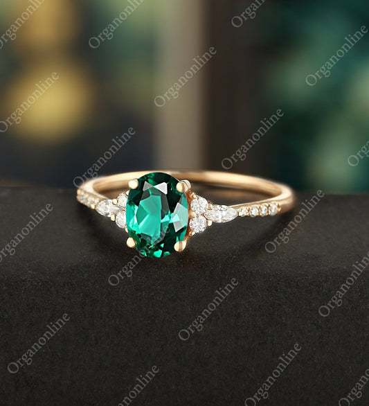 Oval Cut Lab Emerald Ring Engagement Ring Rose Gold Unique Marquise Cut Moissanite Ring Half Eternity Diamond Wedding Ring Promise Anniversary Ring for Her