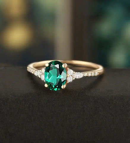 Oval Cut Lab Emerald Ring Engagement Ring Rose Gold Unique Marquise Cut Moissanite Ring Half Eternity Diamond Wedding Ring Promise Anniversary Ring for Her
