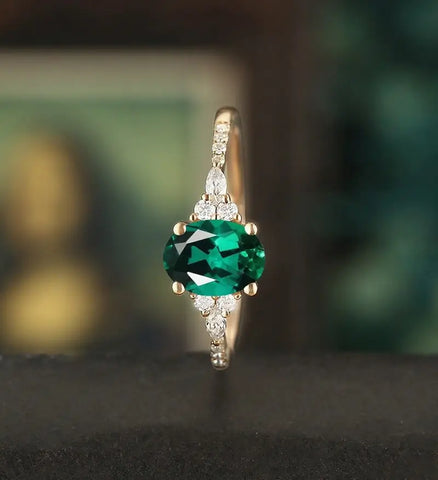 Oval Cut Lab Emerald Ring Engagement Ring Rose Gold Unique Marquise Cut Moissanite Ring Half Eternity Diamond Wedding Ring Promise Anniversary Ring for Her