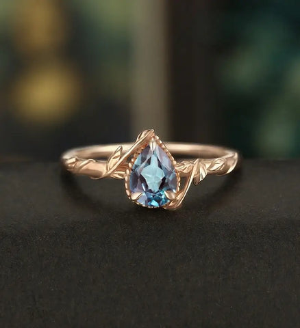 Pear Shaped Lab Alexandrite Engagement Ring Solid Gold  Moissanite Promise Ring Anniversary triangle Diamond Wedding Ring Vintage Ring Unique Bridal promise Ring For Her