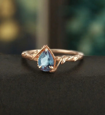 Pear Shaped Lab Alexandrite Engagement Ring Solid Gold  Moissanite Promise Ring Anniversary triangle Diamond Wedding Ring Vintage Ring Unique Bridal promise Ring For Her
