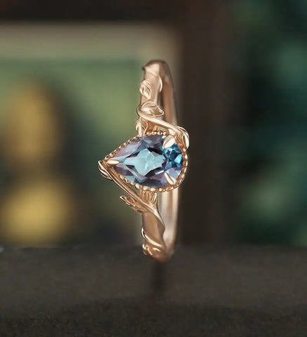 Pear Shaped Lab Alexandrite Engagement Ring Solid Gold  Moissanite Promise Ring Anniversary triangle Diamond Wedding Ring Vintage Ring Unique Bridal promise Ring For Her
