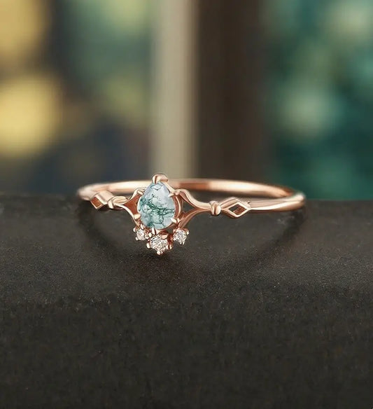 Moss Agate Engagement Ring Pear Shaped Solid Gild Ring Vintage Wedding Ring Bridal Promise Women Ring