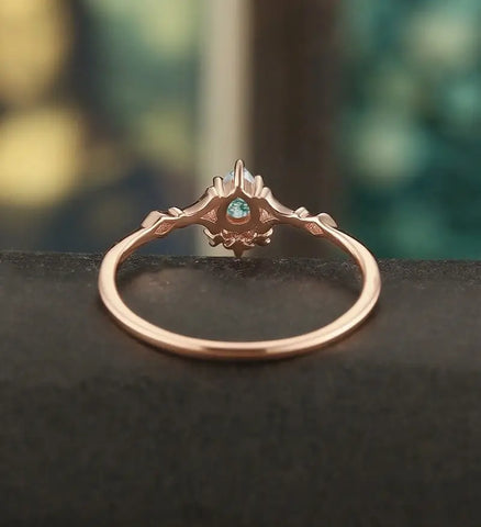 Moss Agate Engagement Ring Pear Shaped Solid Gild Ring Vintage Wedding Ring Bridal Promise Women Ring