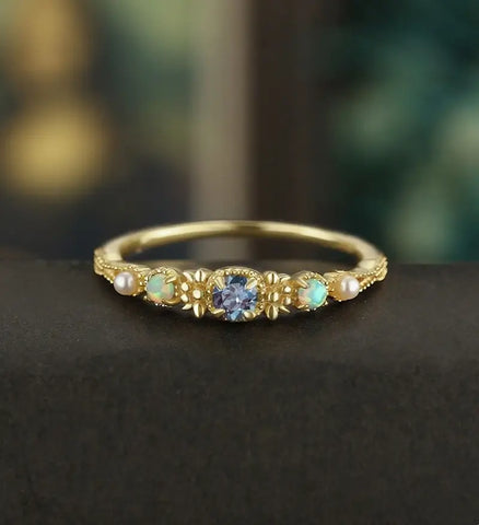 3MM Round Alexandrite Engagement Ring Vintage Solid Gild Opal Ring Pearl Anniversary Vintage Ring Unique Bridal Ring Promise Women Ring