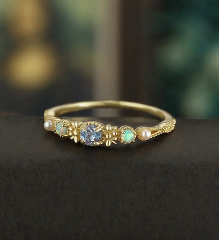 3MM Round Alexandrite Engagement Ring Vintage Solid Gild Opal Ring Pearl Anniversary Vintage Ring Unique Bridal Ring Promise Women Ring