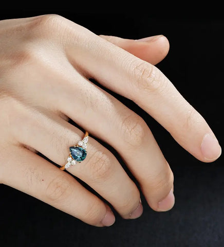 Pear Shaped Teal Sapphire Engagement Ring Yellow Gold Marquise Cut Moissanite Ring Vintage Prong Set Diamond Wedding Ring Promise Anniversary Bridal Ring