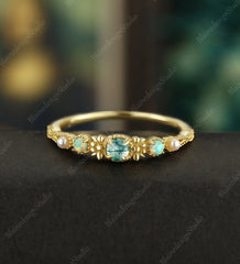 3MM Round Moss Agate Engagement Ring Solid Gild Wedding Ring Anniversary Ring For her Vintage Bridal Ring Promise Women Ring - ULRICARING